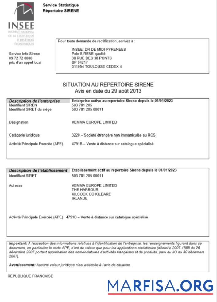 Printable France INSEE registration certificate Word and PDF template